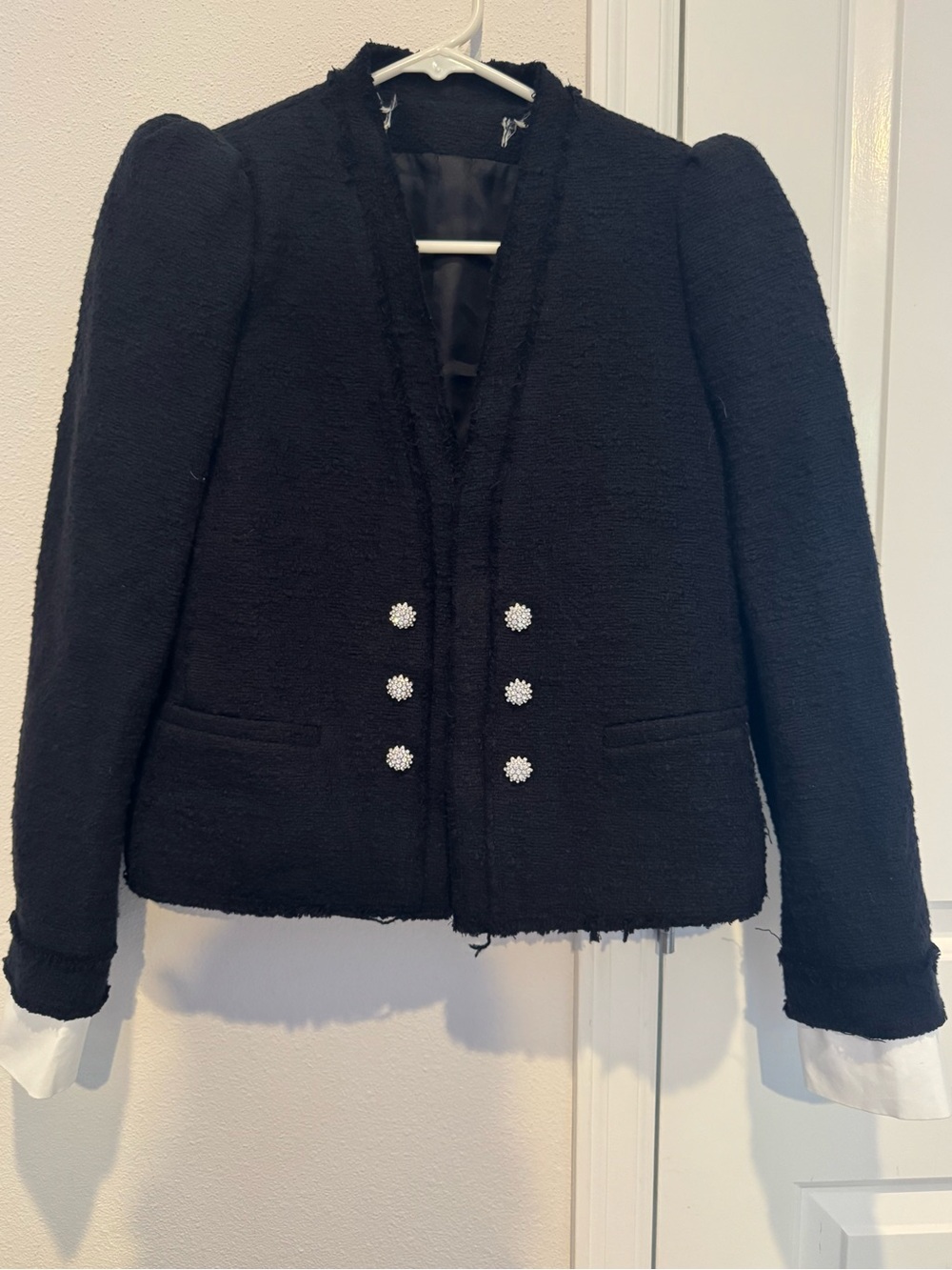 Gorgeous Black Tweed Cropped Jacket Crystal Buttons Small